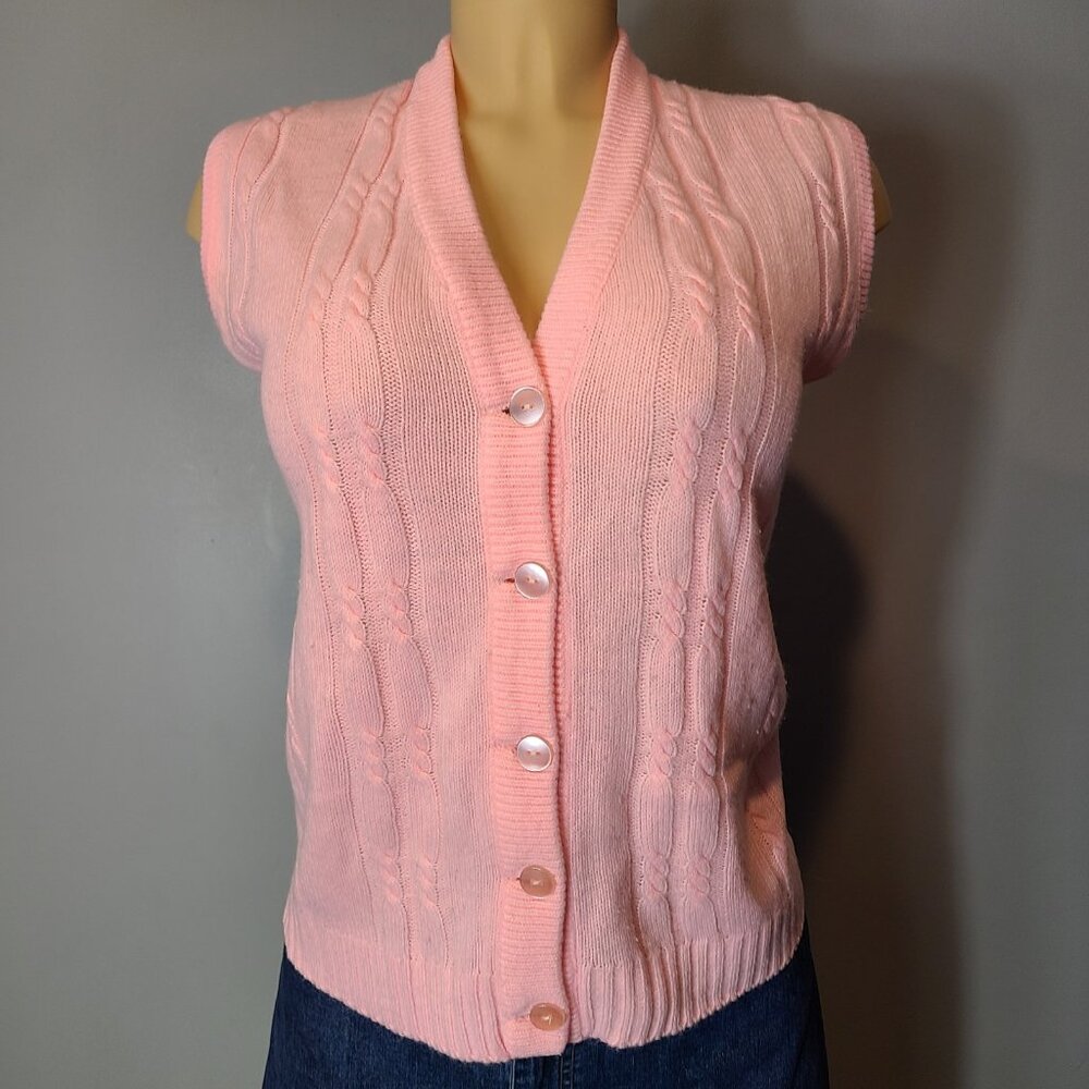 VTG Cable Knit Womens 60s Sweater Vest Sleeveless Pink Preppy Sz‎ XS Coquette